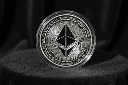 Hand holding a metallic coin with a geometric design on a textured surface