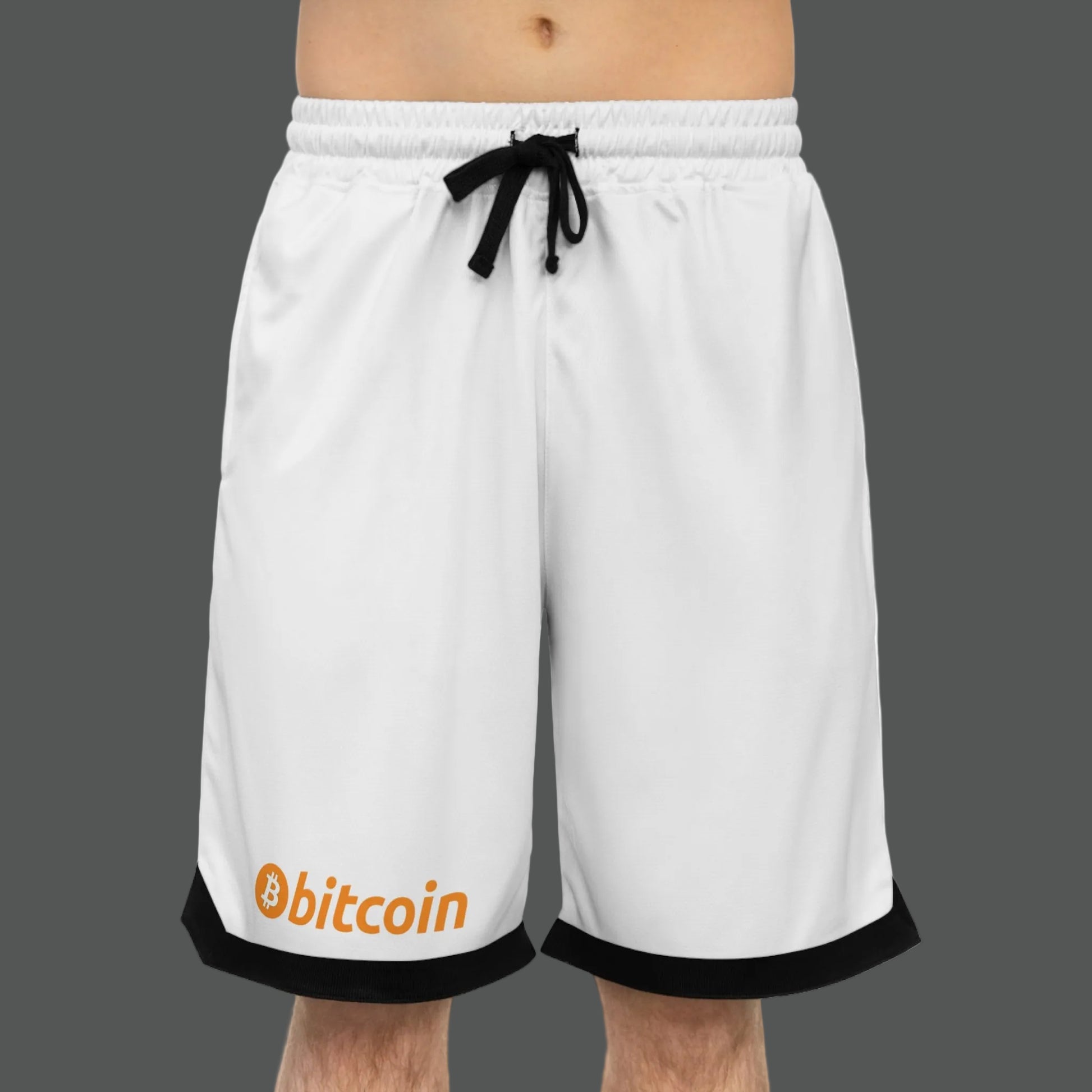 White shorts with Bitcoin logo on a white background