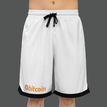 White shorts with Bitcoin logo on a white background