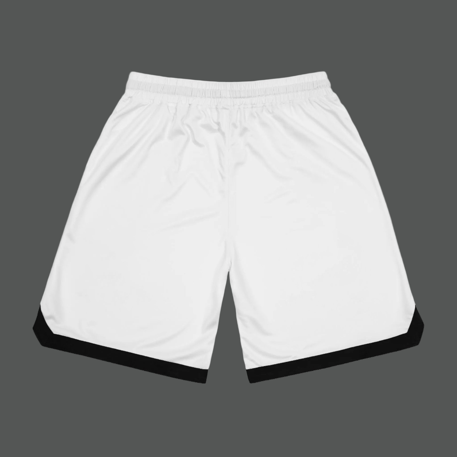 White shorts with black trim on a white background