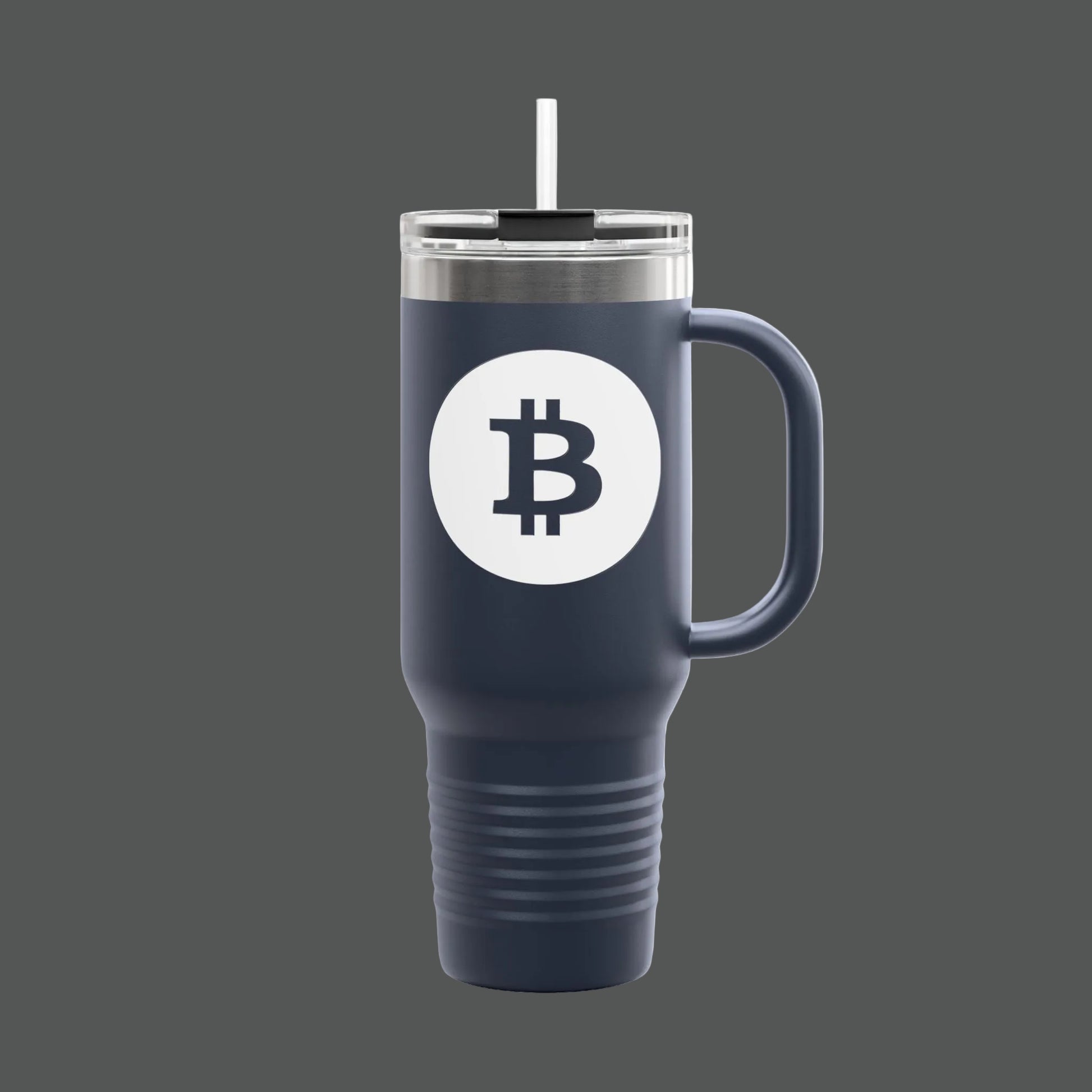 Black travel mug with Bitcoin logo on a white background