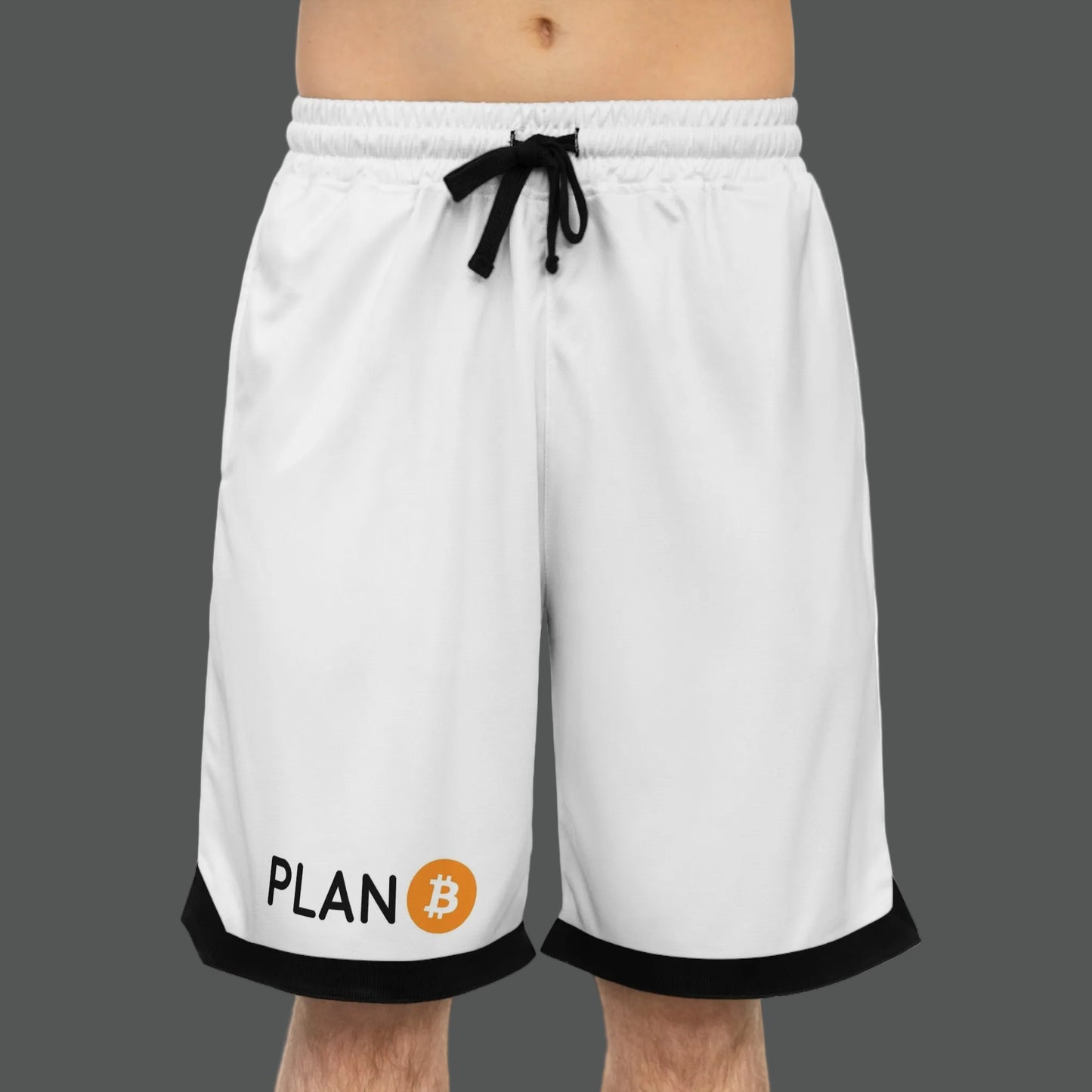 White shorts with black trim featuring the 'PLAN' logo on a white background
