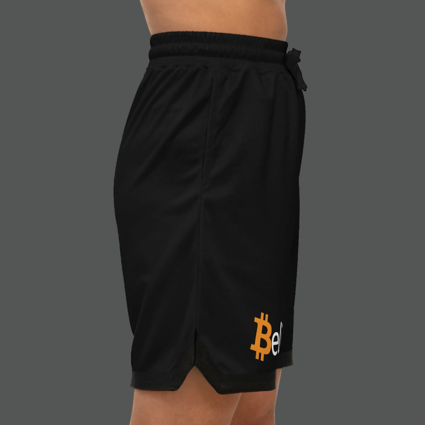 Black shorts with Bitcoin logo on a white background