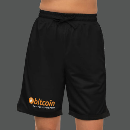Black shorts with Bitcoin logo and text on a white background