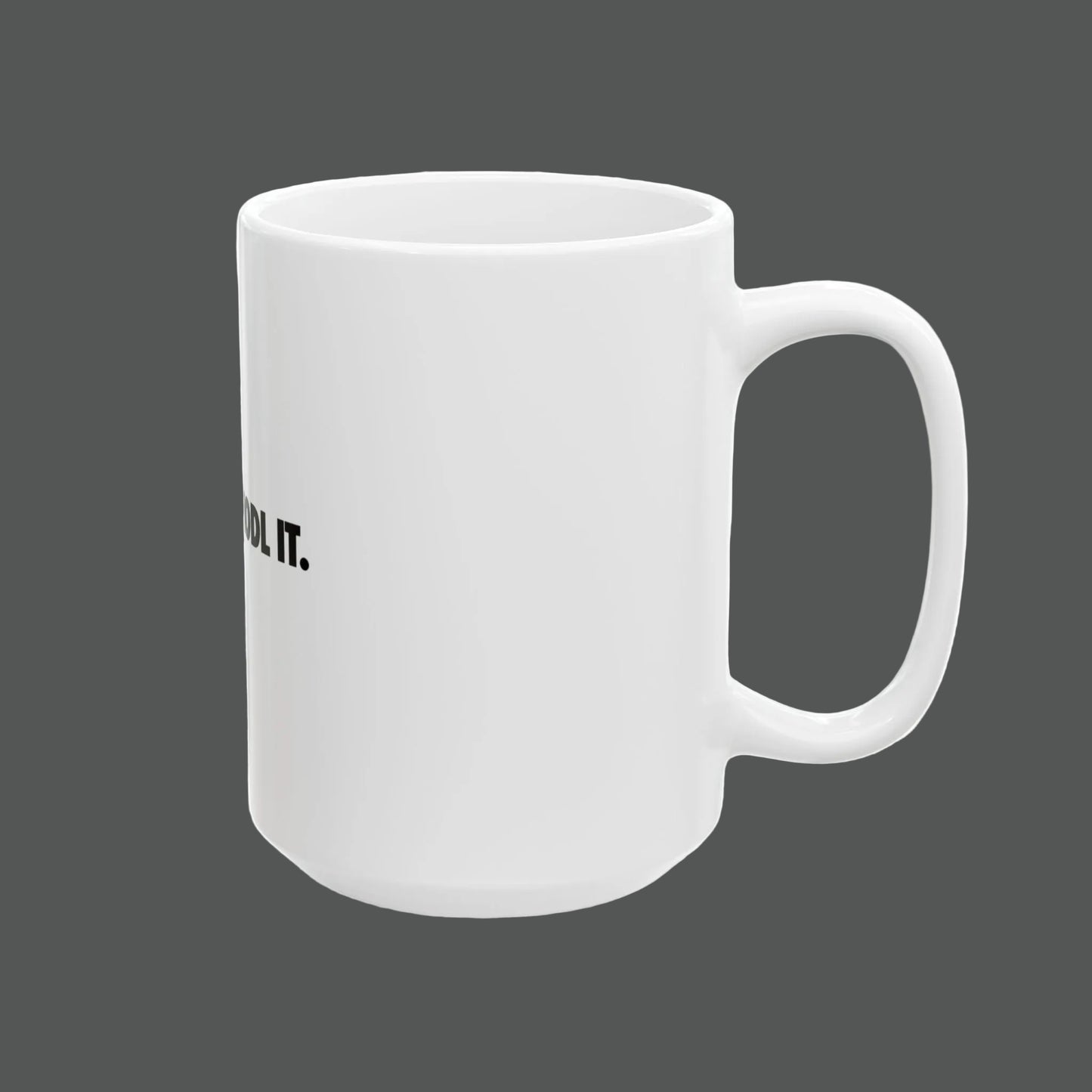 White mug with a small circular logo on a white background