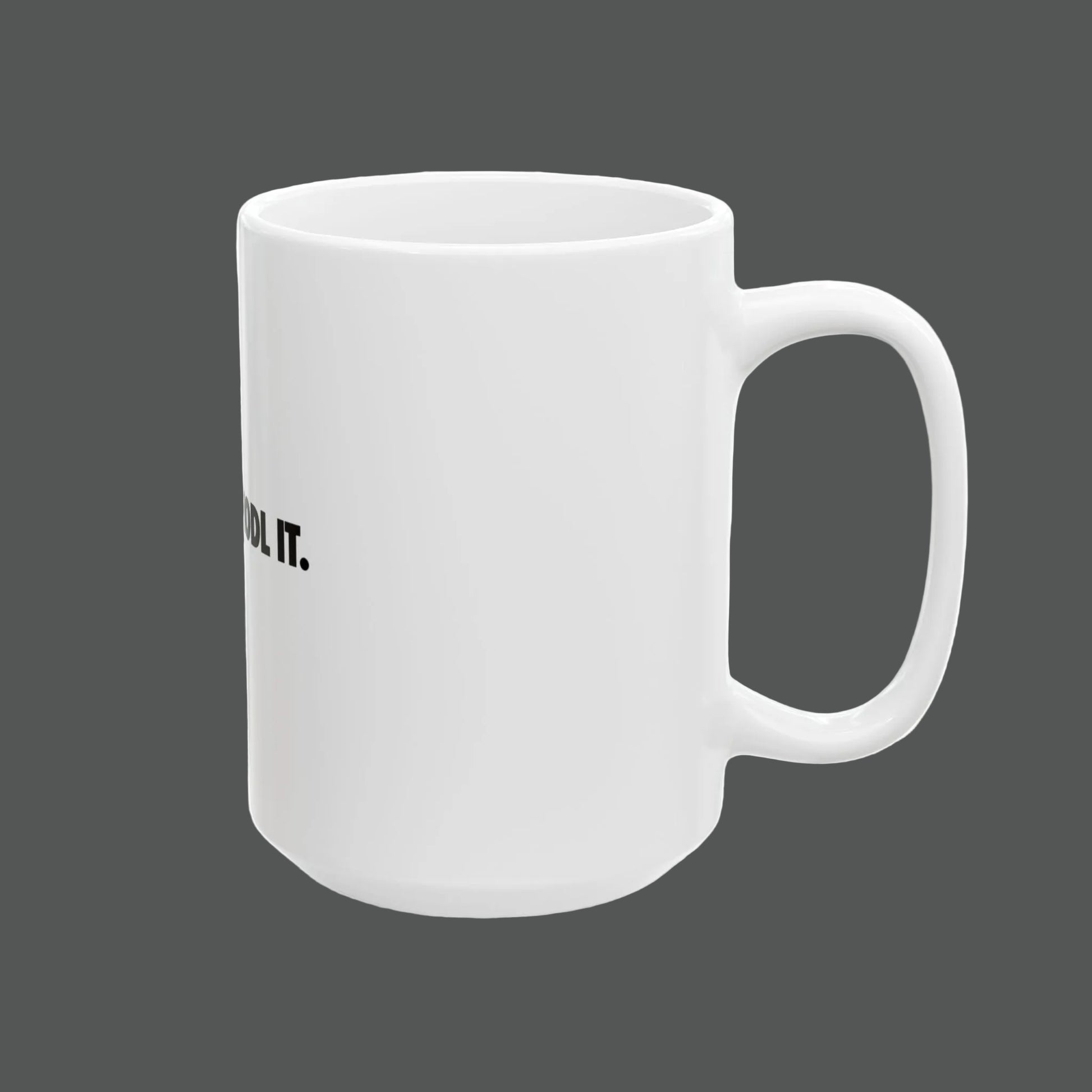 White mug with a small circular logo on a white background
