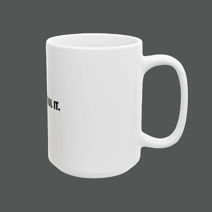 White mug with a small circular logo on a white background