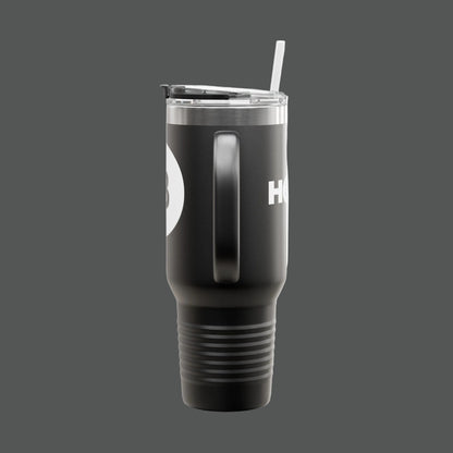 Black tumbler with a straw on a white background