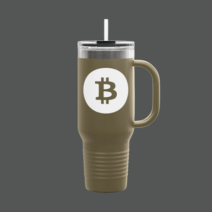 Green travel mug with Bitcoin logo on a white background