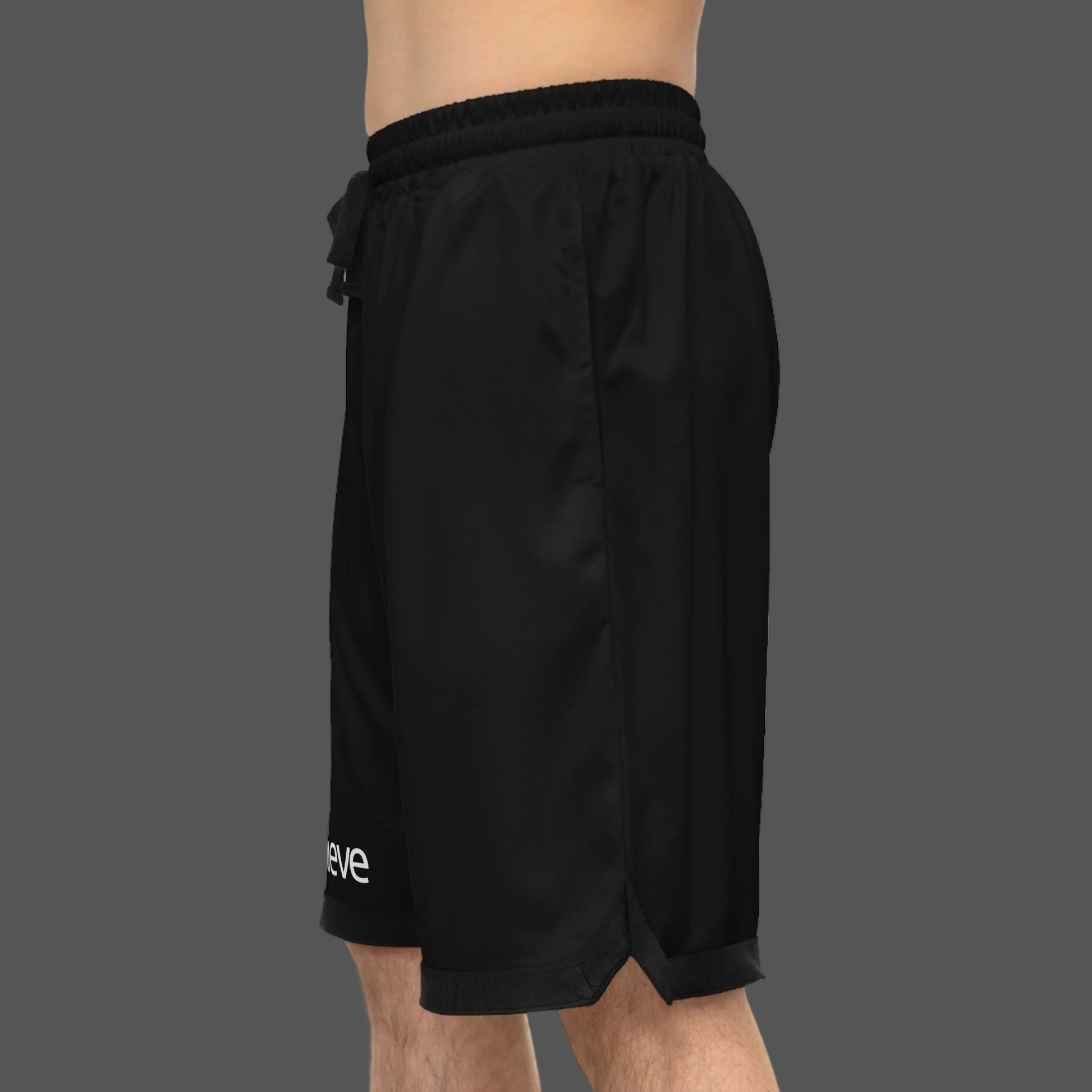 Black shorts with a brand logo on a white background