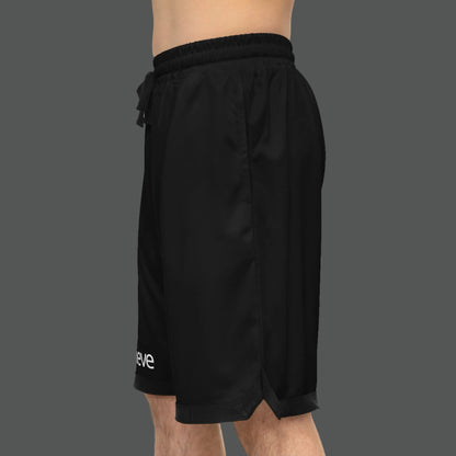 Black shorts with a brand logo on a white background