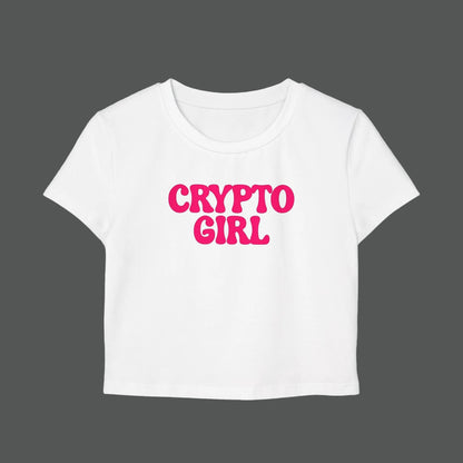White t-shirt with 'CRYPTO GIRL' text in pink on a white background