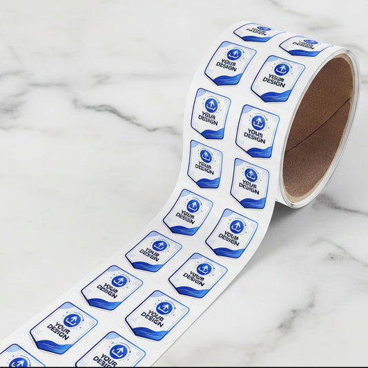 Roll of labels with customizable design on a white background