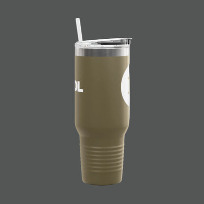 Green tumbler with a straw on a white background