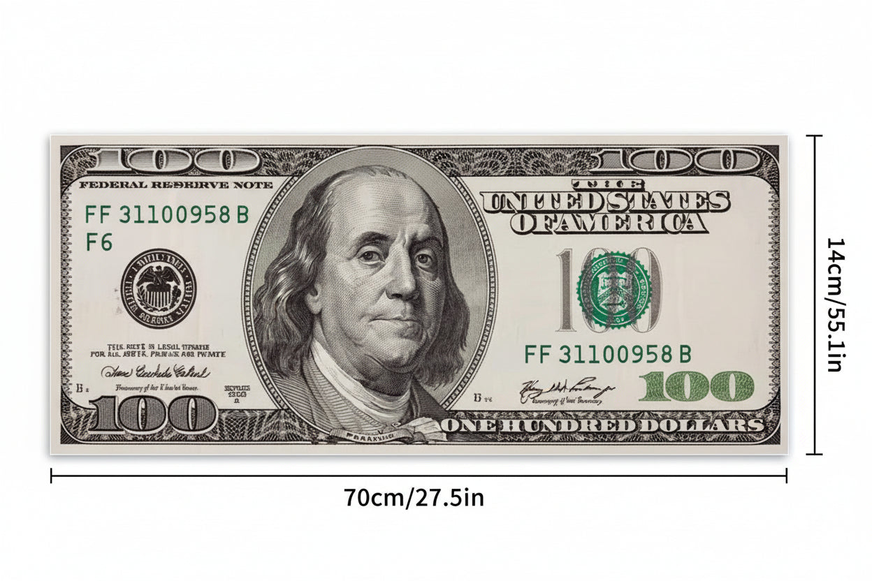 Measurement chart of a $100 bill with dimensions indicated.