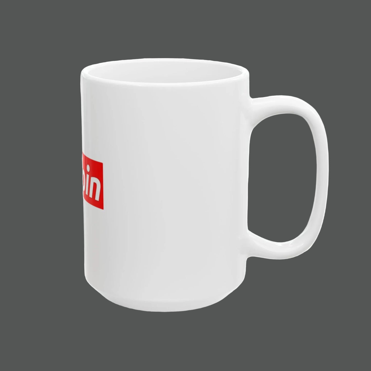 White mug with a red logo on a white background