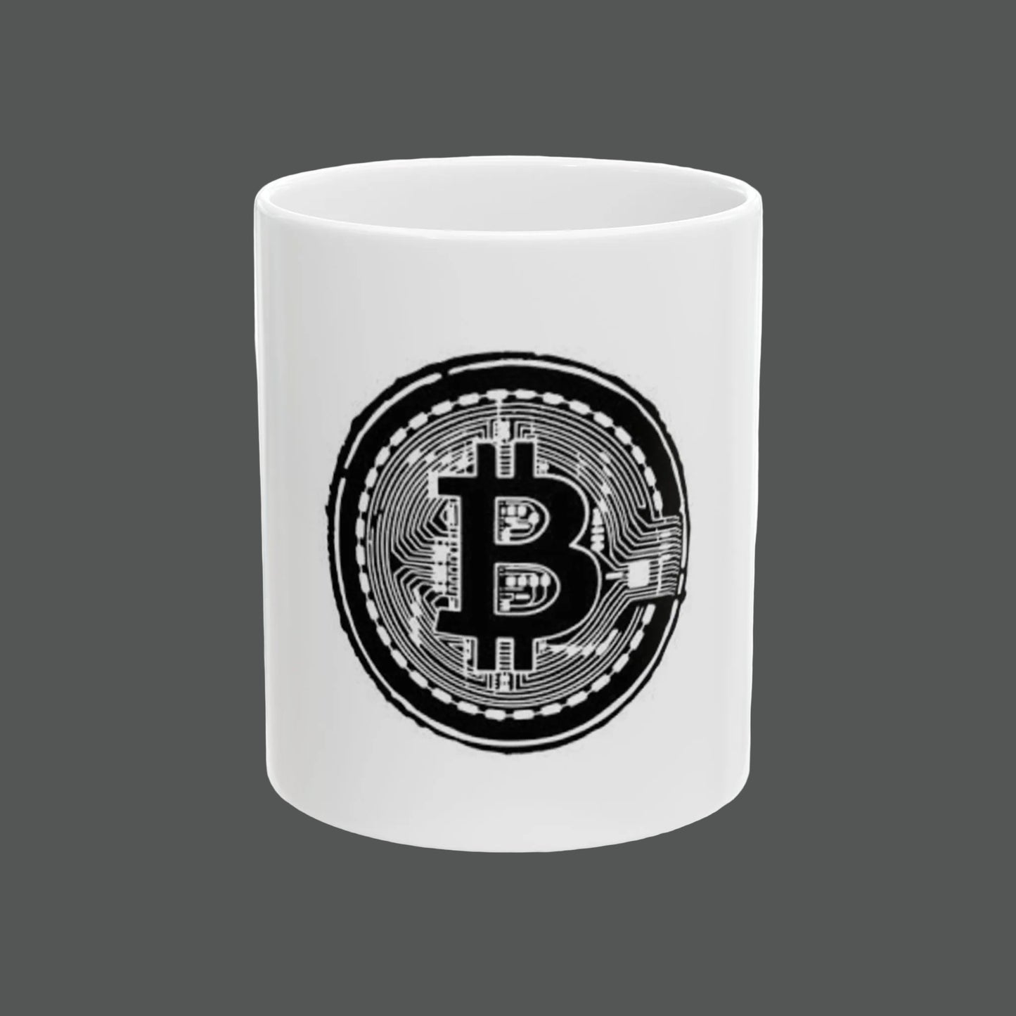 White mug with Bitcoin symbol design on a white background