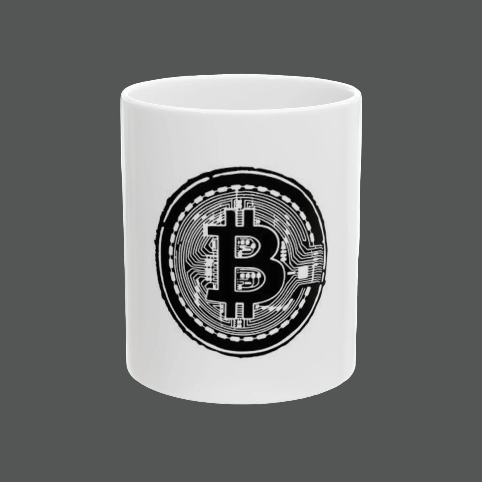 White mug with Bitcoin symbol design on a white background