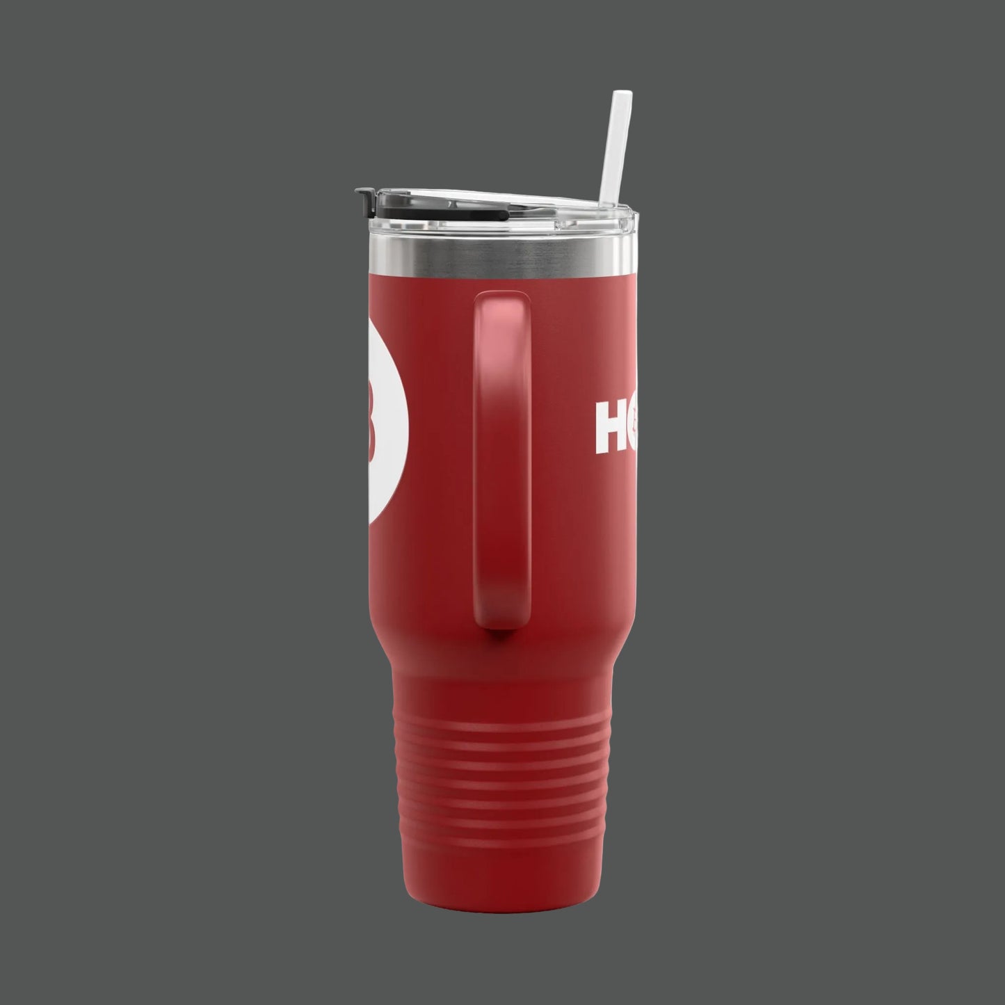 Red tumbler with a white logo on a white background