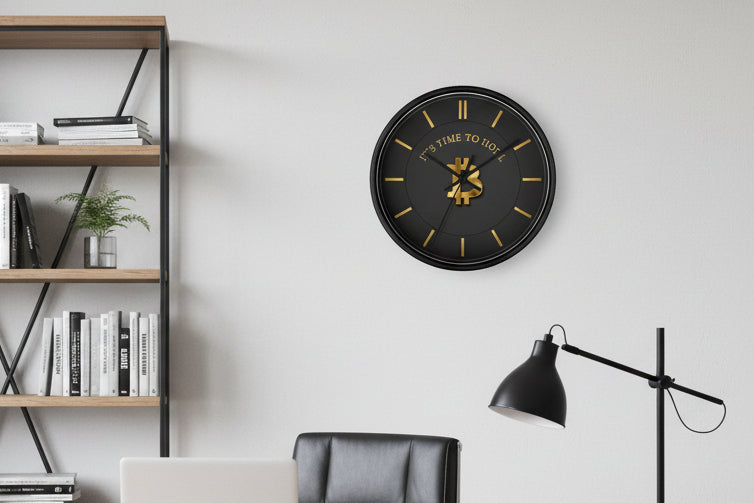 Black wall clock with gold accents and Bitcoin symbol, placed on a white wall with a plant and small pot.