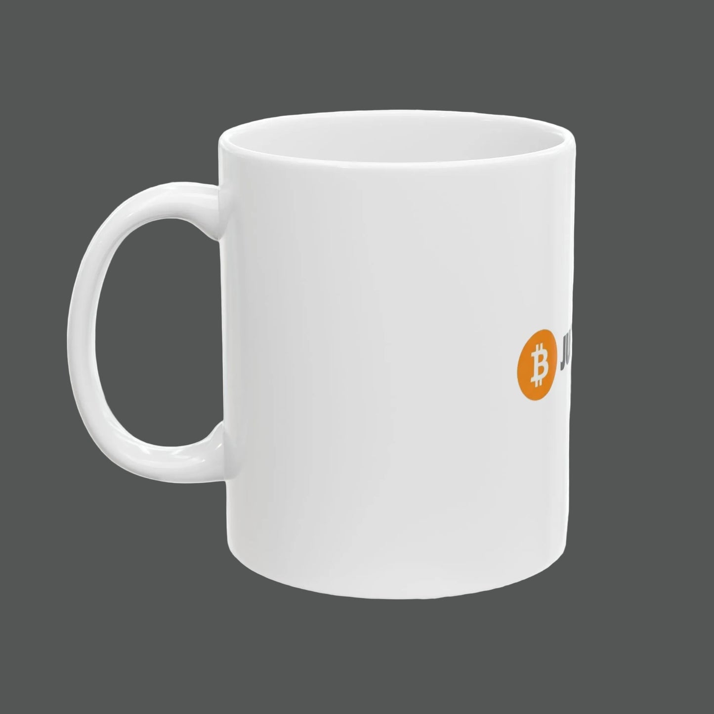 White mug with Bitcoin logo on a white background