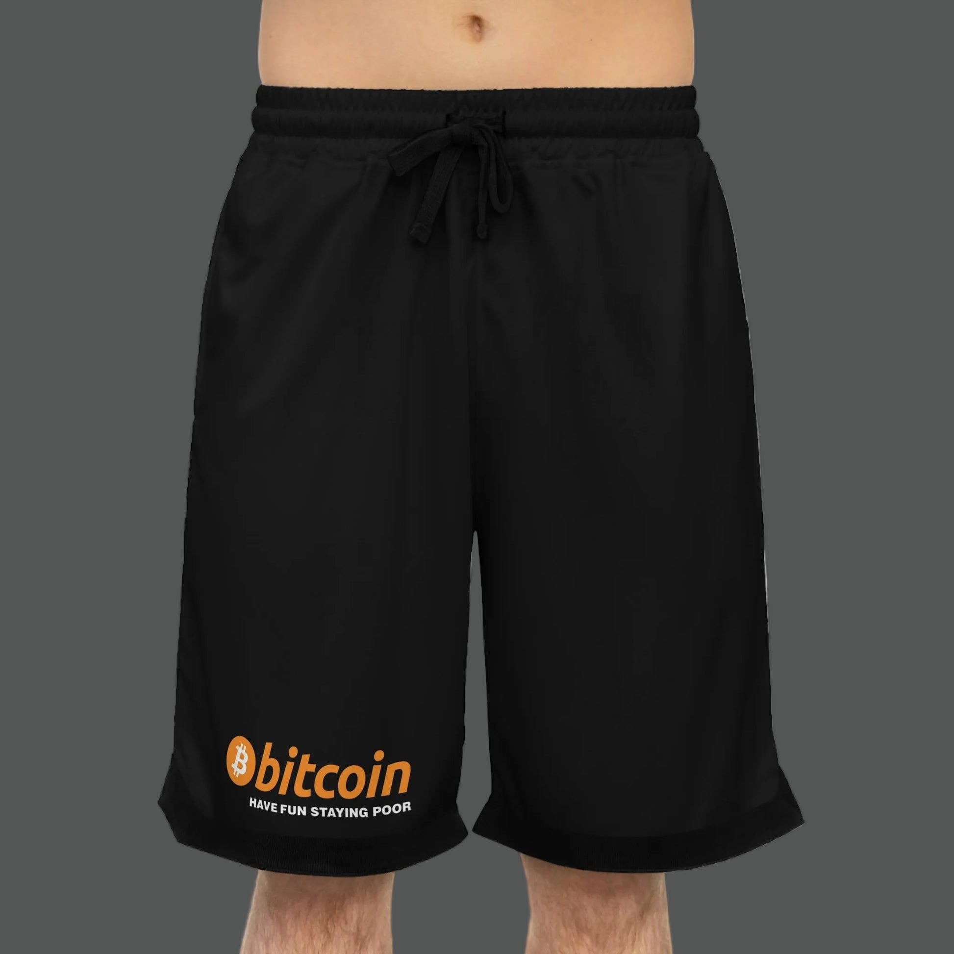 Black shorts with Bitcoin logo and text on a white background