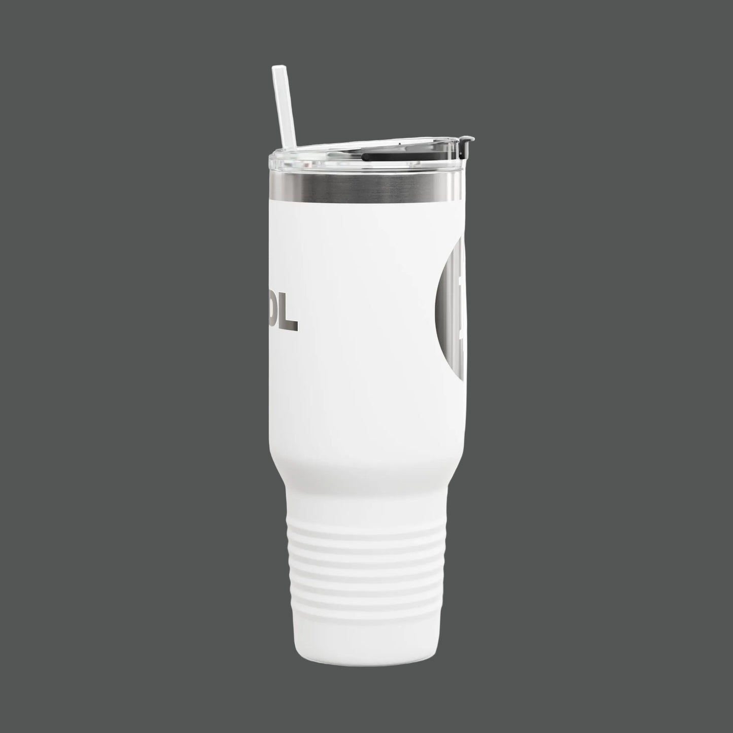 White tumbler with a silver rim and straw on a white background