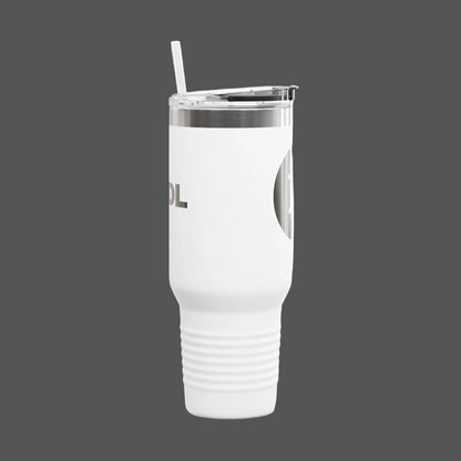 White tumbler with a silver rim and straw on a white background