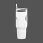 White tumbler with a silver rim and straw on a white background