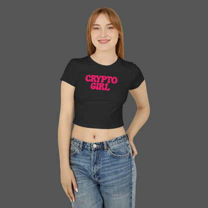 Person wearing a black t-shirt with 'CRYPTO GIRL' in pink text on a white background