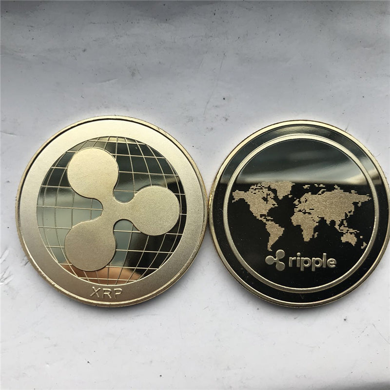 Two gold coins with Ripple logo and XRP symbol on a gray background