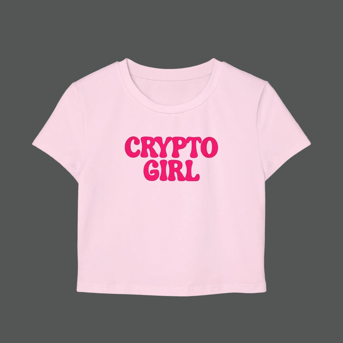 Pink t-shirt with 'CRYPTO GIRL' text on a white background