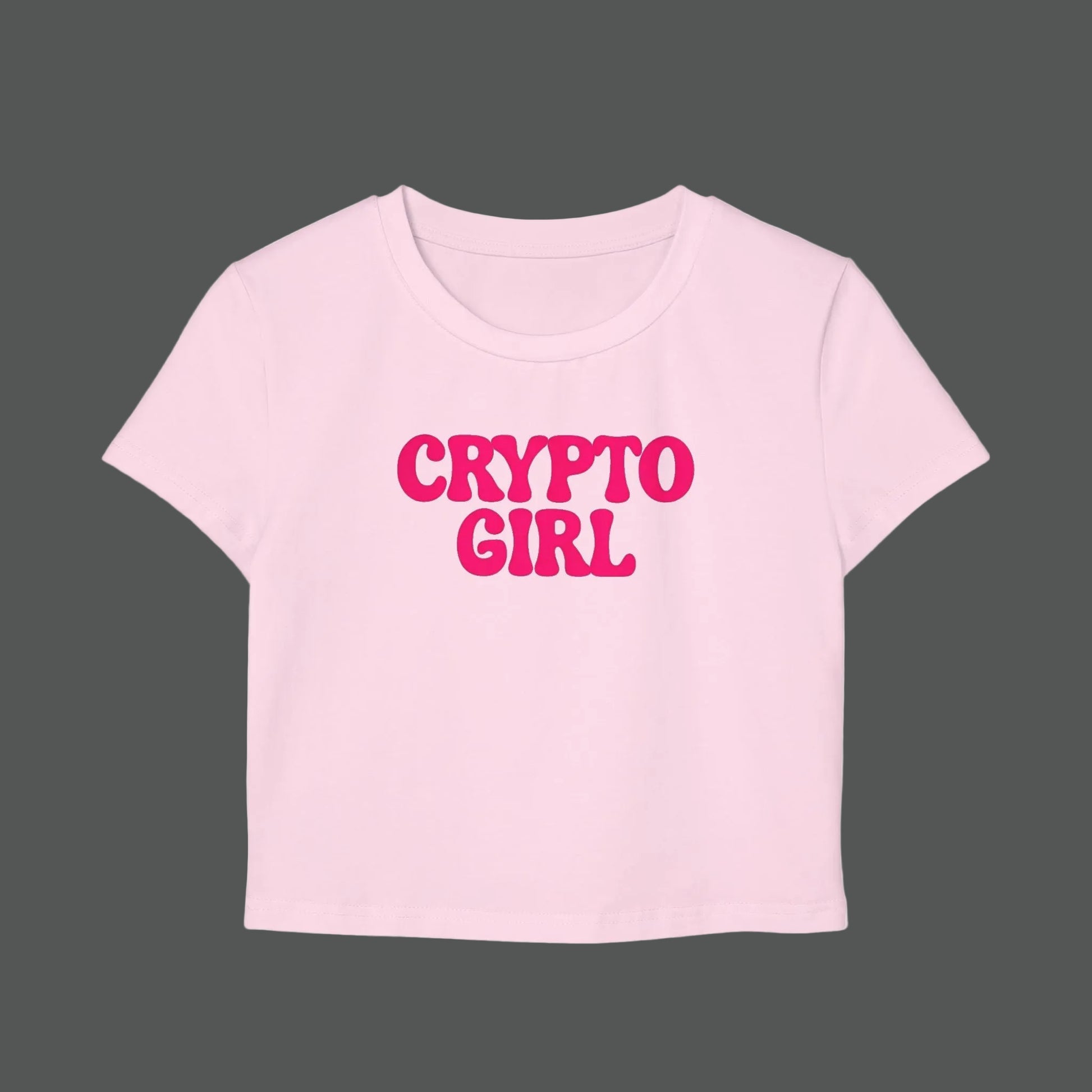 Pink t-shirt with 'CRYPTO GIRL' text on a white background