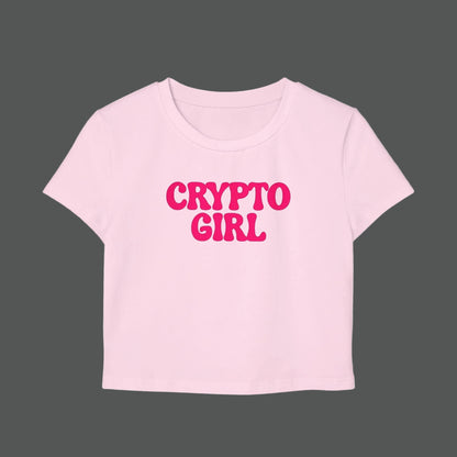 Pink t-shirt with 'CRYPTO GIRL' text on a white background