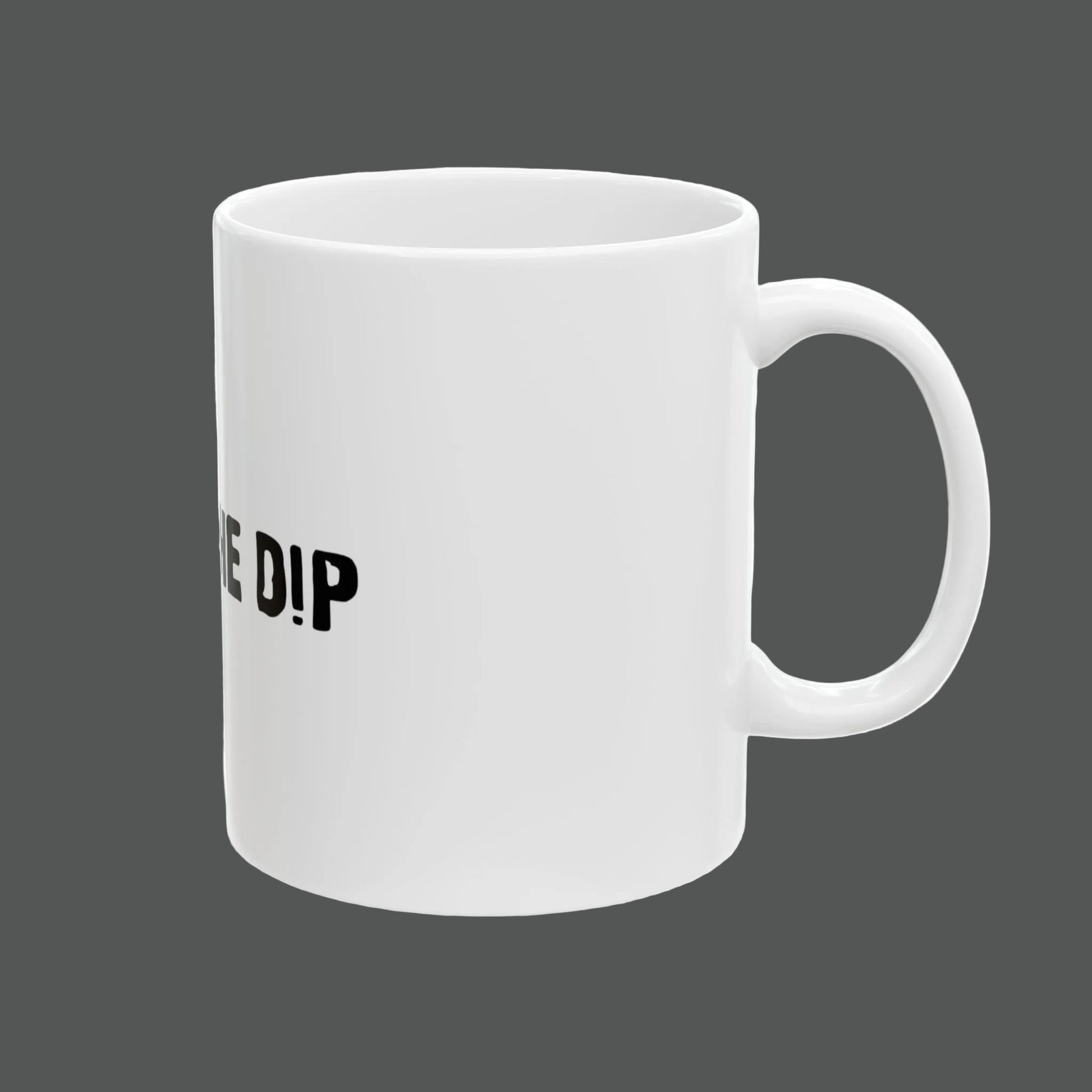 White mug with black text on a white background