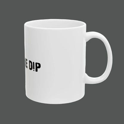 White mug with black text on a white background