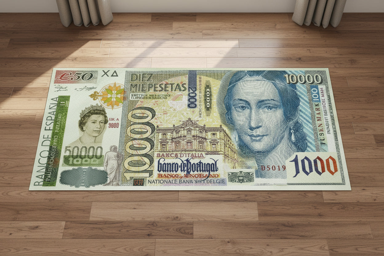 Large banknote design rug on a wooden floor