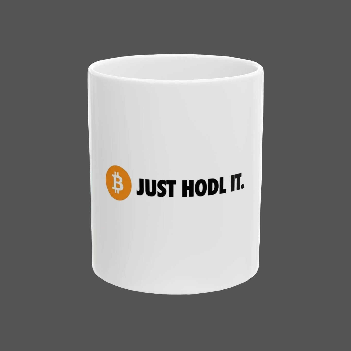 White mug with Bitcoin logo and 'JUST HODL IT.' text on a white background