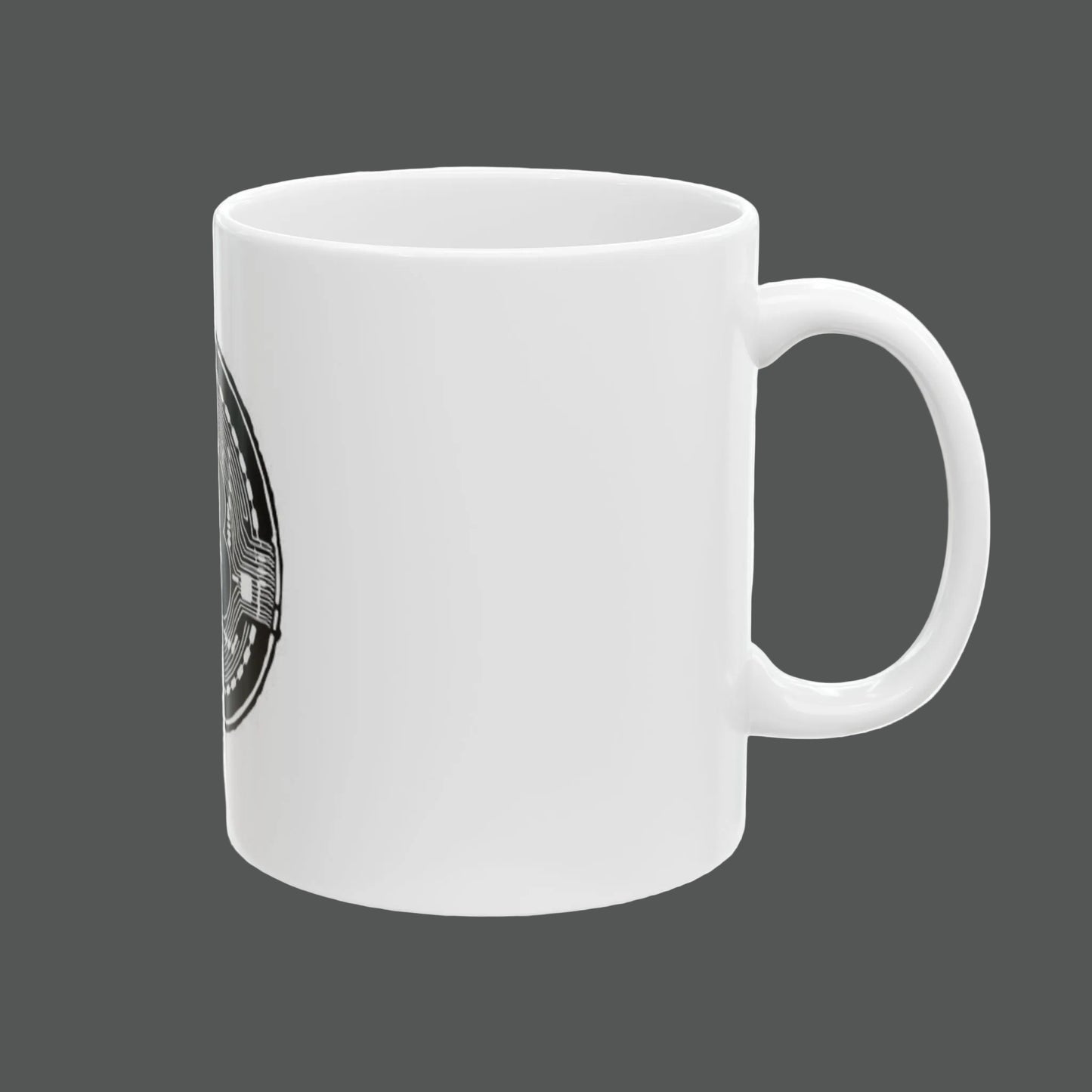 White mug with a black logo on a white background