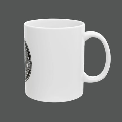 White mug with a black logo on a white background