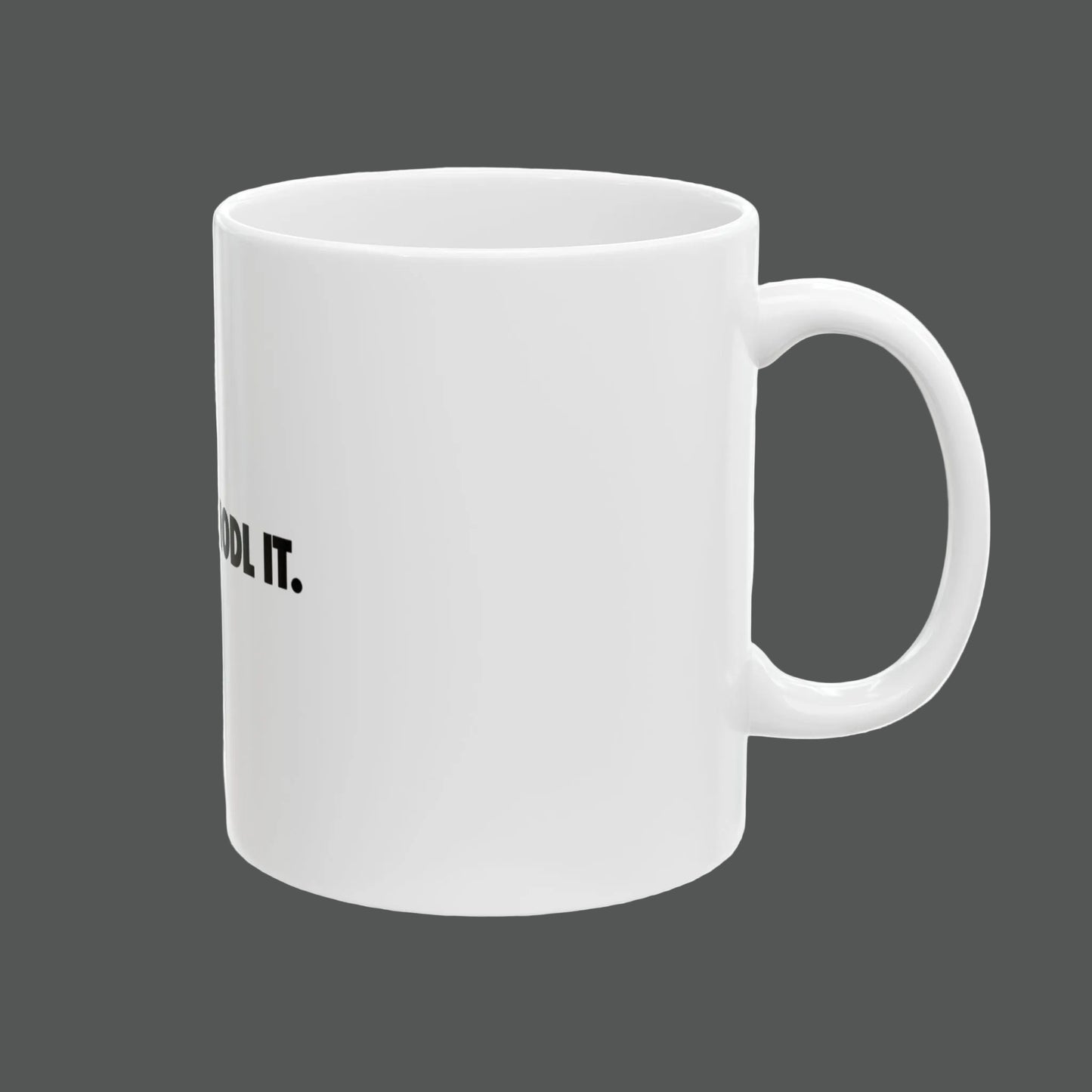 White mug with text on a white background