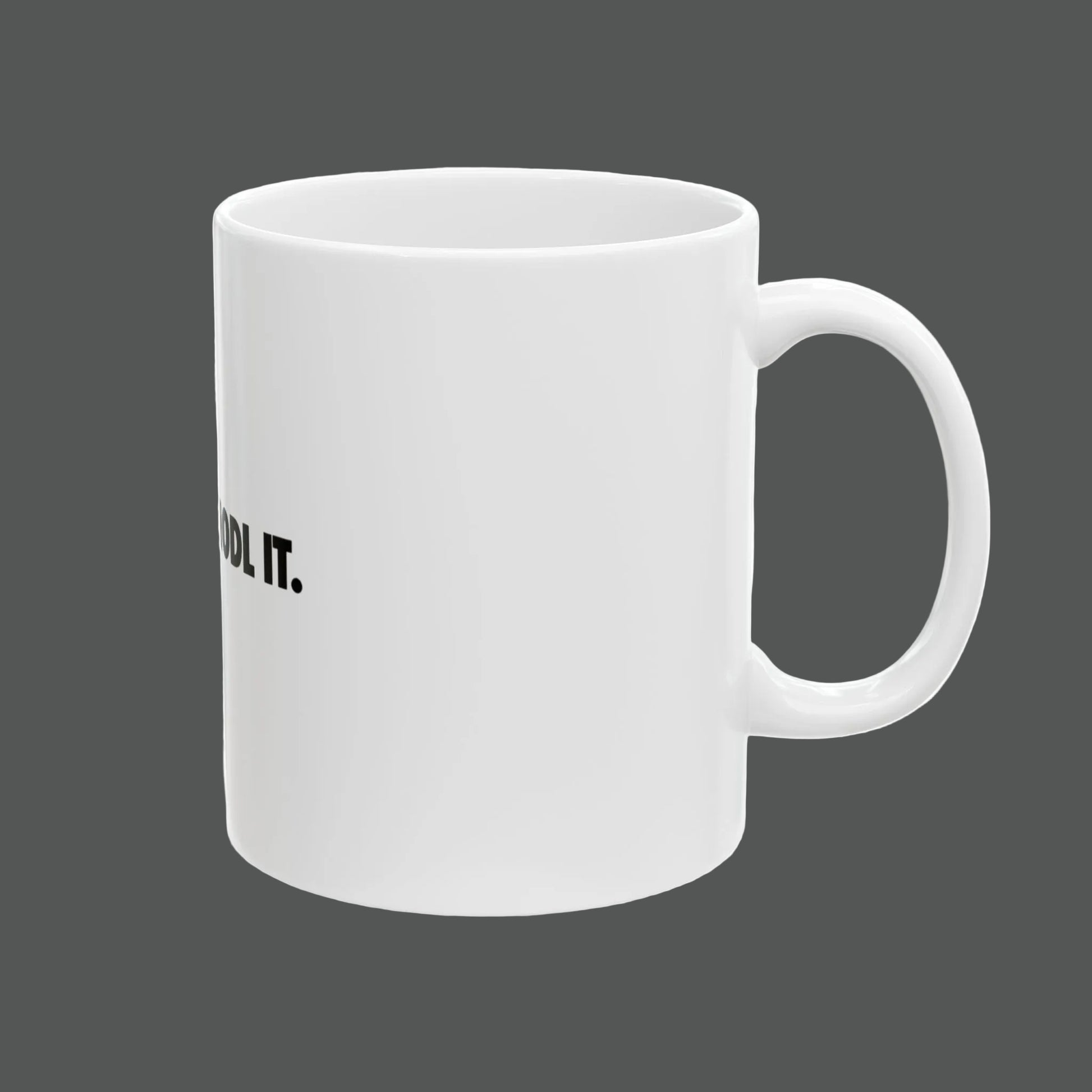 White mug with text on a white background