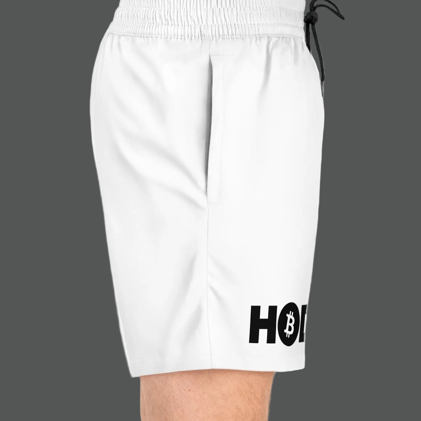 White shorts with a Bitcoin logo on a white background