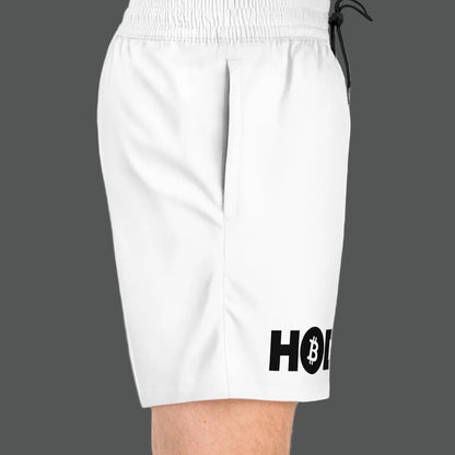 White shorts with a Bitcoin logo on a white background