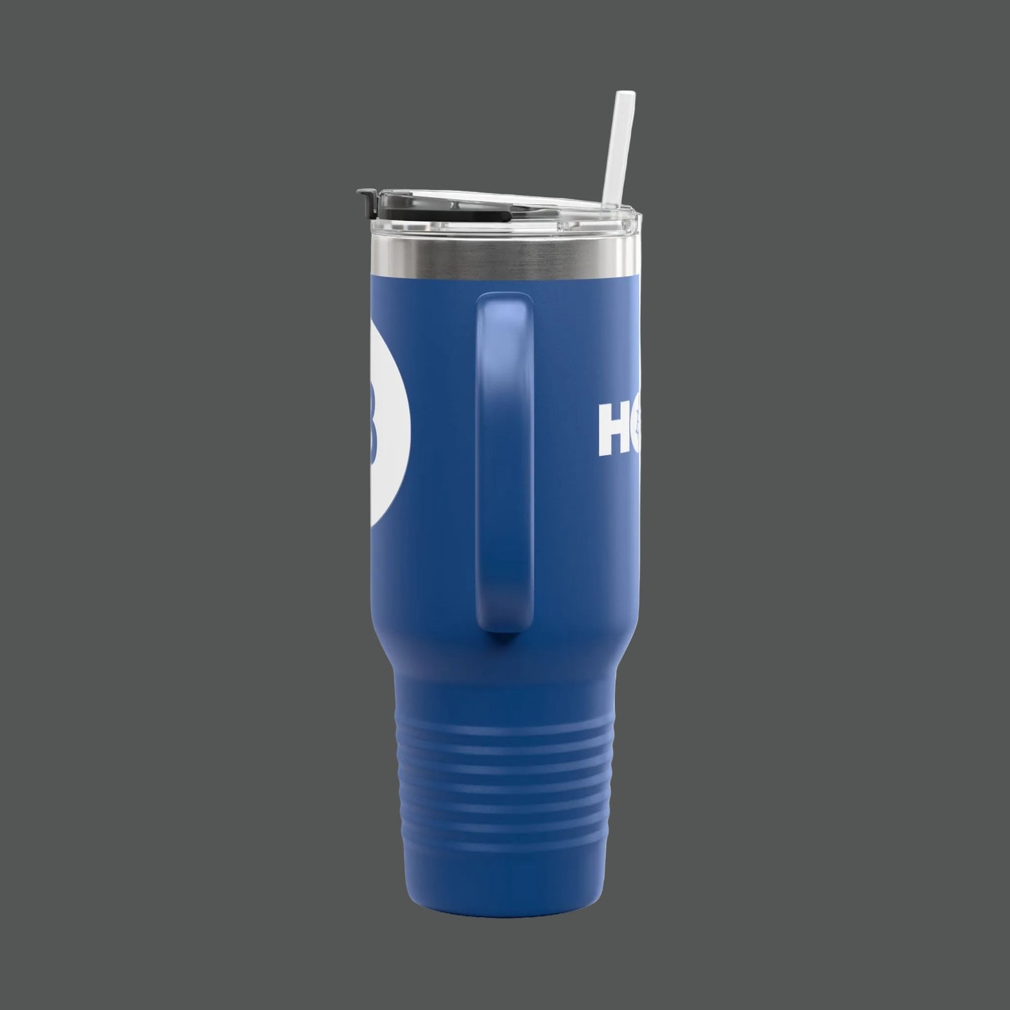 Blue tumbler with a straw on a white background