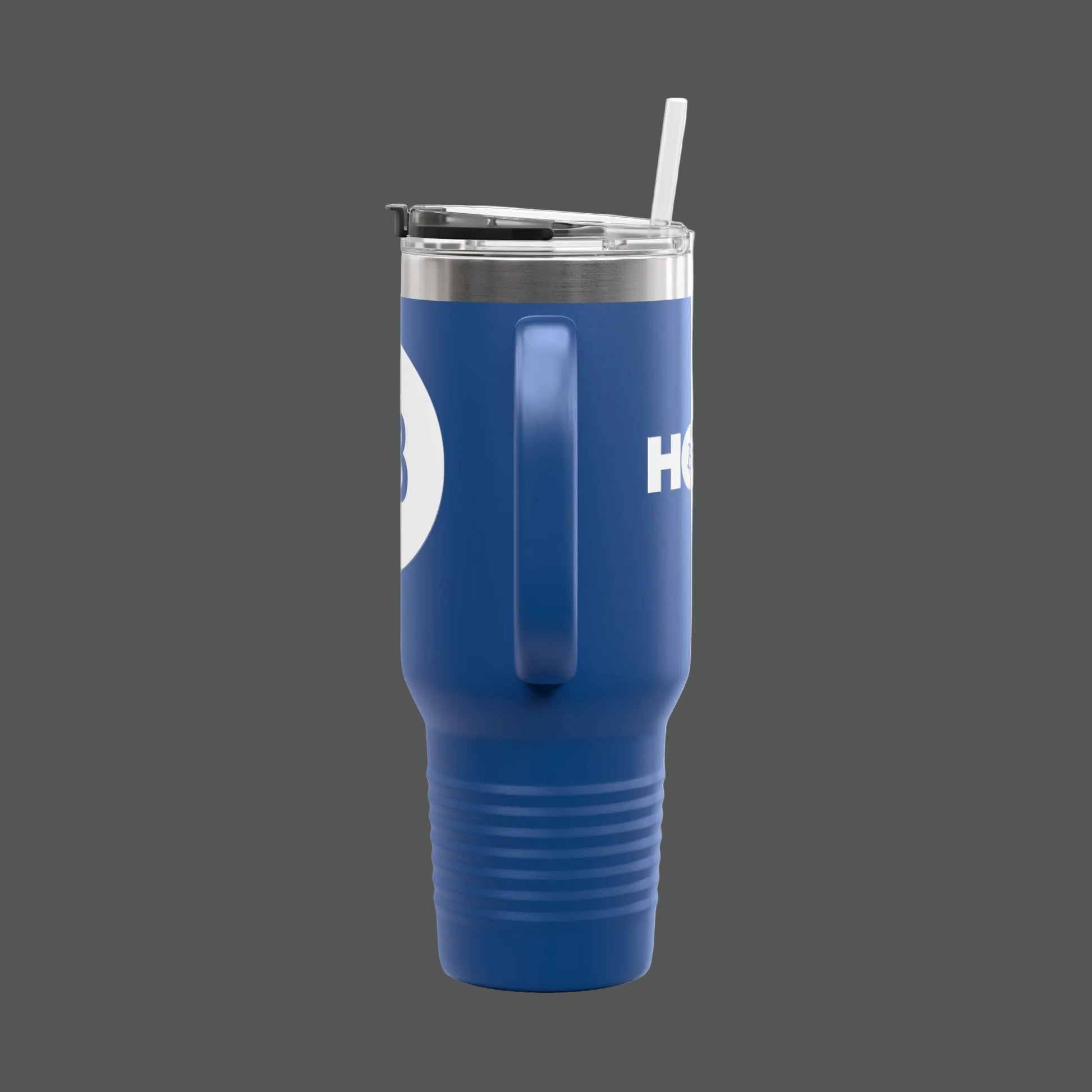 Blue tumbler with a straw on a white background