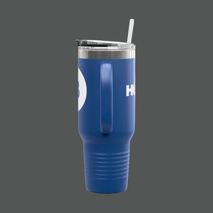 Blue tumbler with a straw on a white background