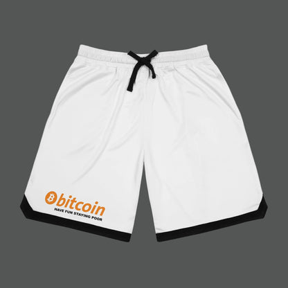 White shorts with Bitcoin logo and text on a white background