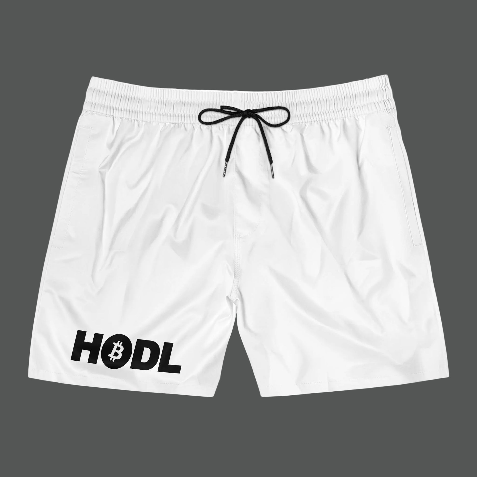 White shorts with 'HODL' and Bitcoin logo on a white background