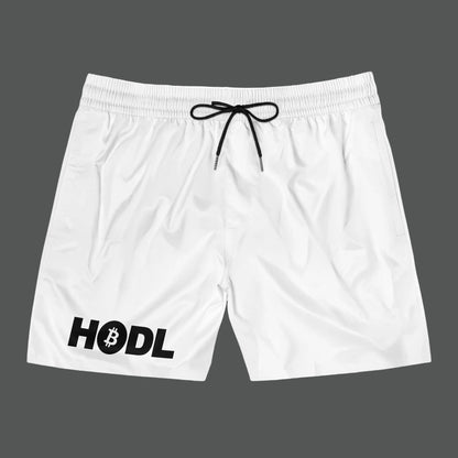 White shorts with 'HODL' and Bitcoin logo on a white background